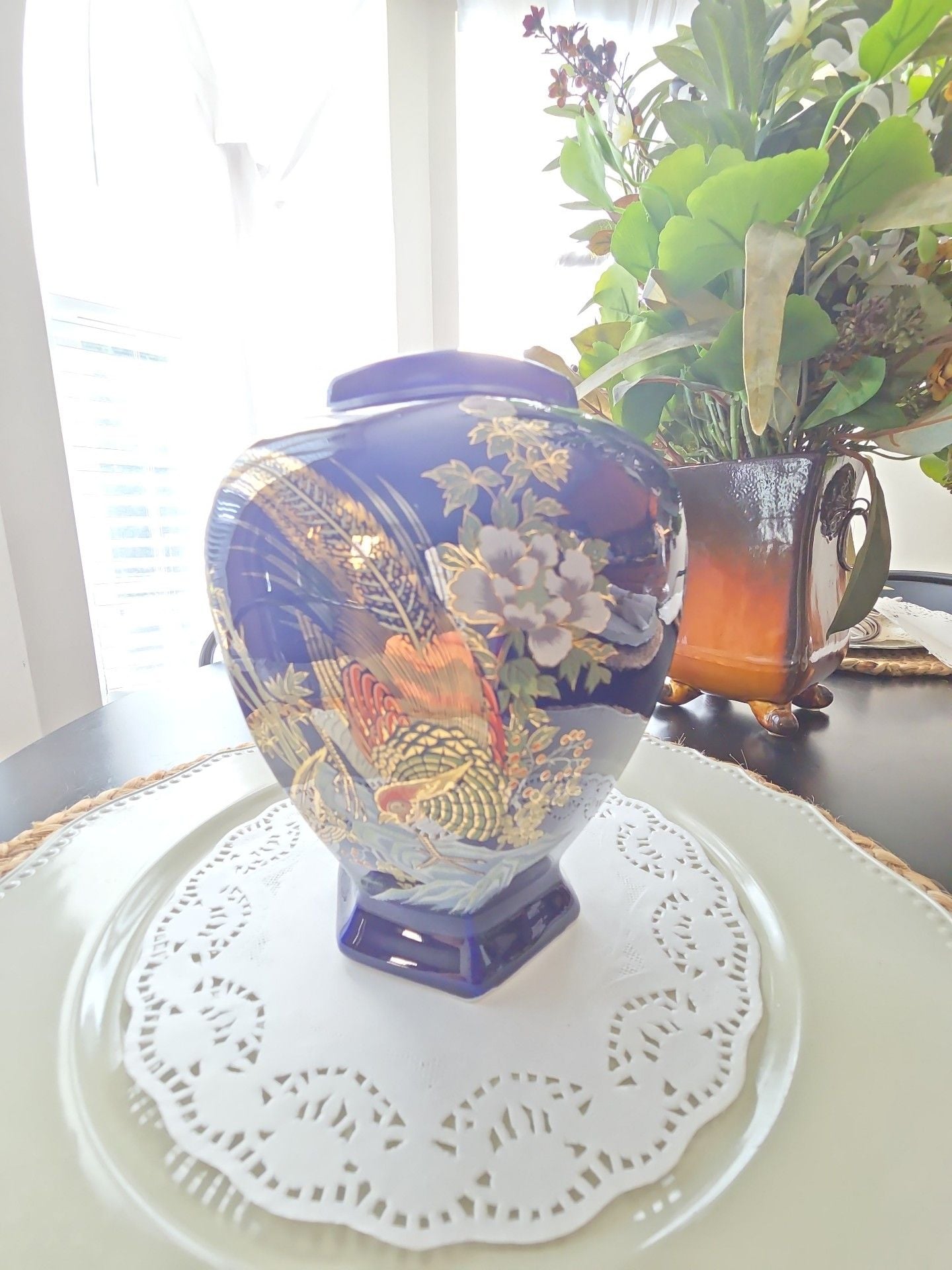 Vintage Cobalt Blue Gold Pheasant Floral Hexagon Porcelain Vase 2