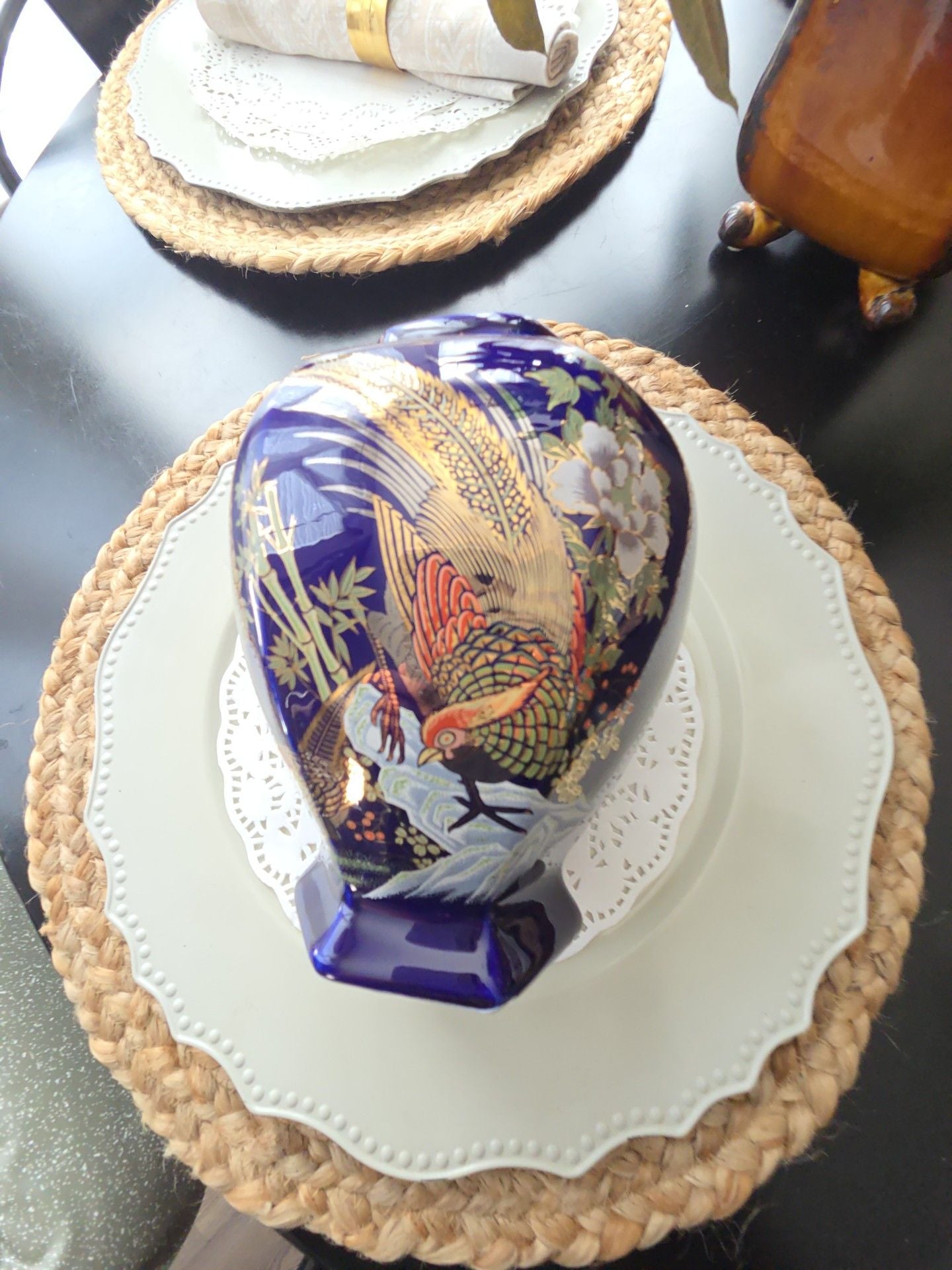 Vintage Cobalt Blue Gold Pheasant Floral Hexagon Porcelain Vase 3