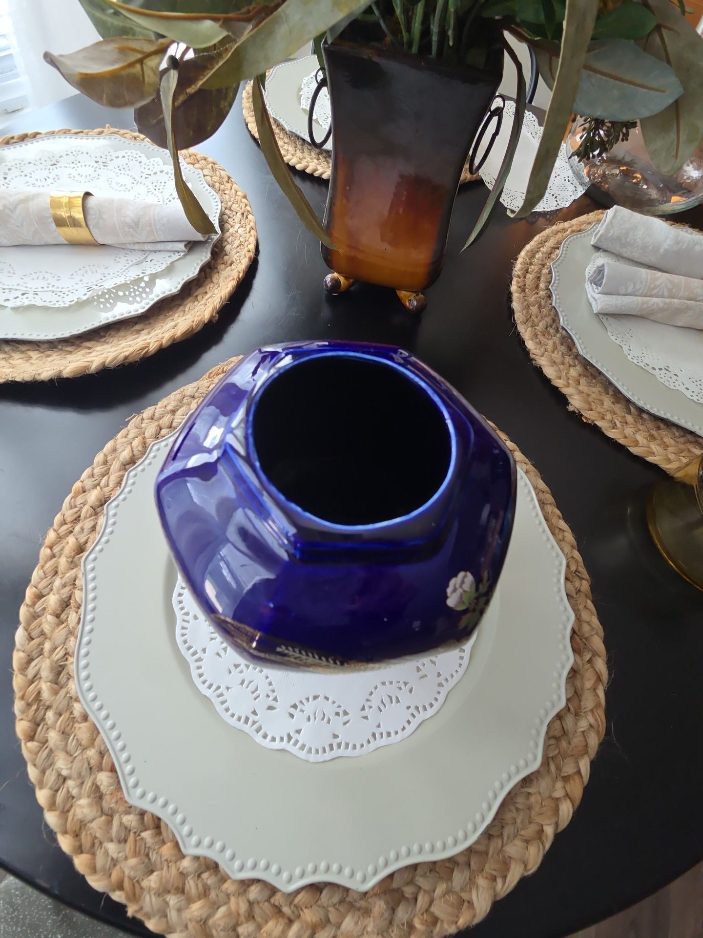 Vintage Cobalt Blue Gold Pheasant Floral Hexagon Porcelain Vase 4