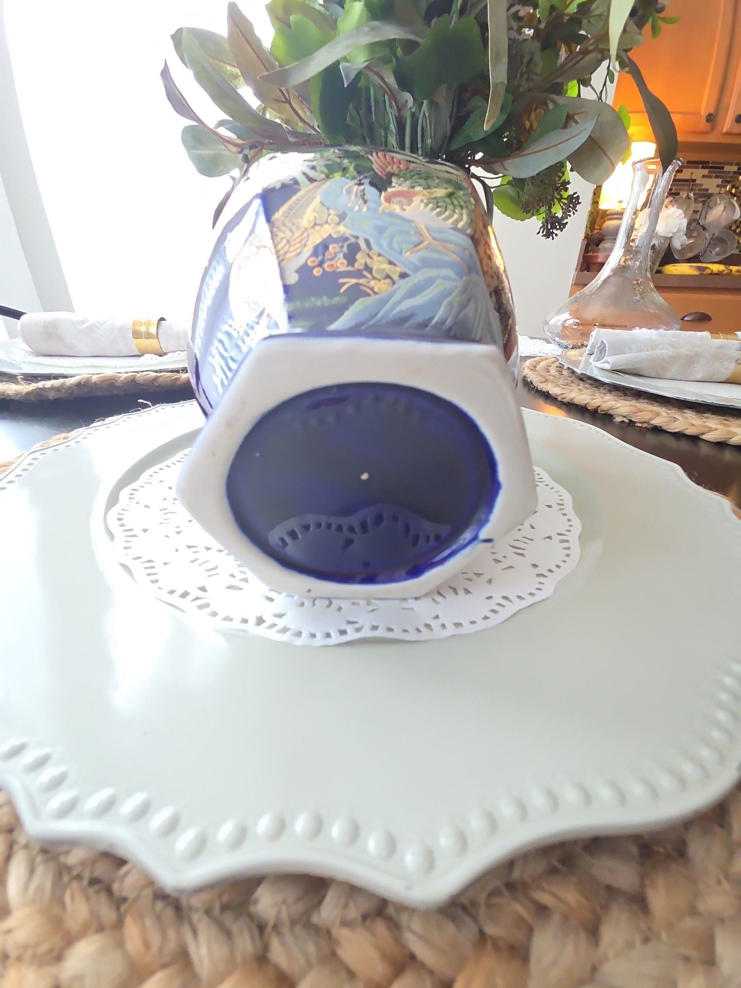 Vintage Cobalt Blue Gold Pheasant Floral Hexagon Porcelain Vase 5