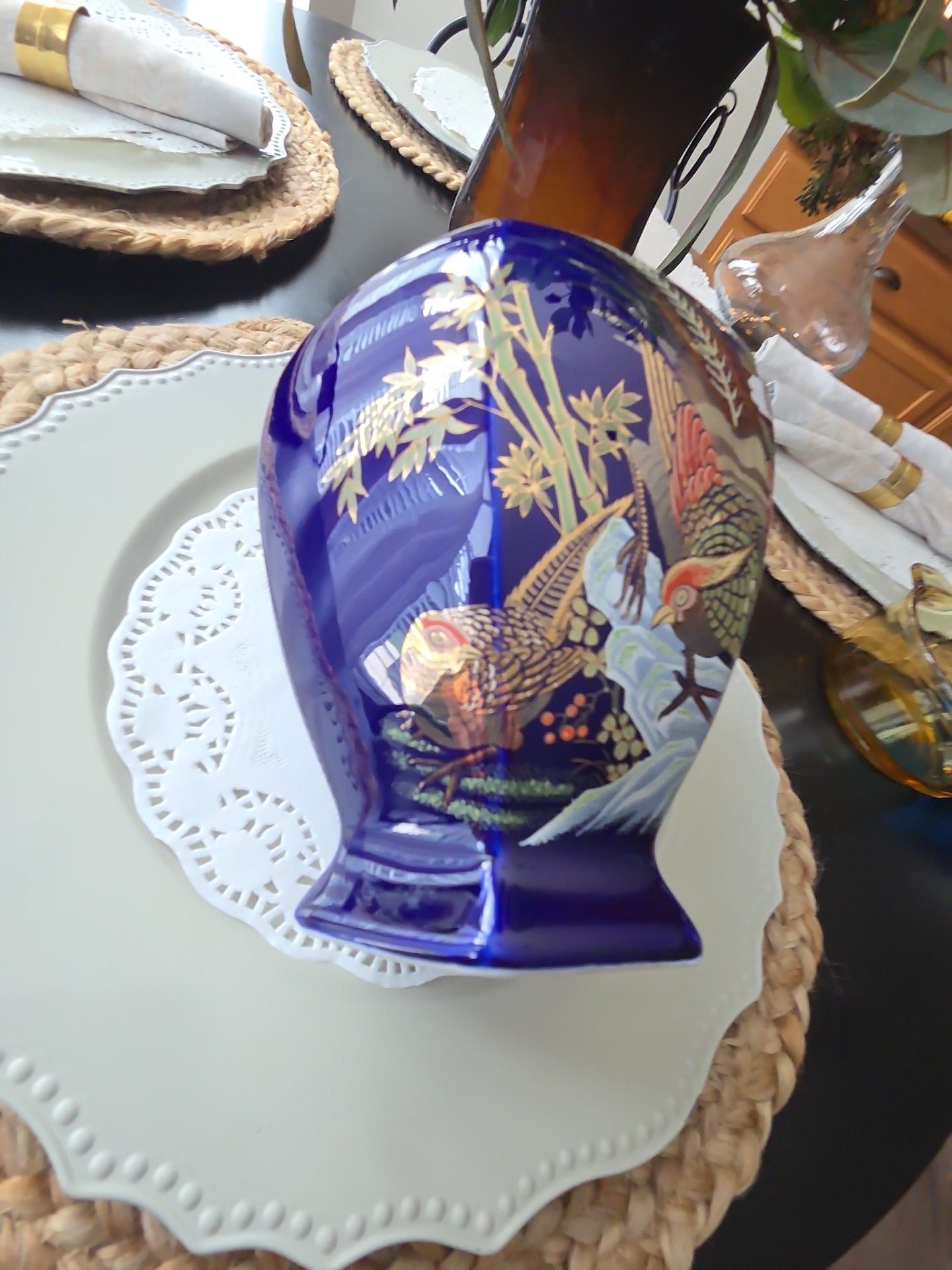 Vintage Cobalt Blue Gold Pheasant Floral Hexagon Porcelain Vase 6