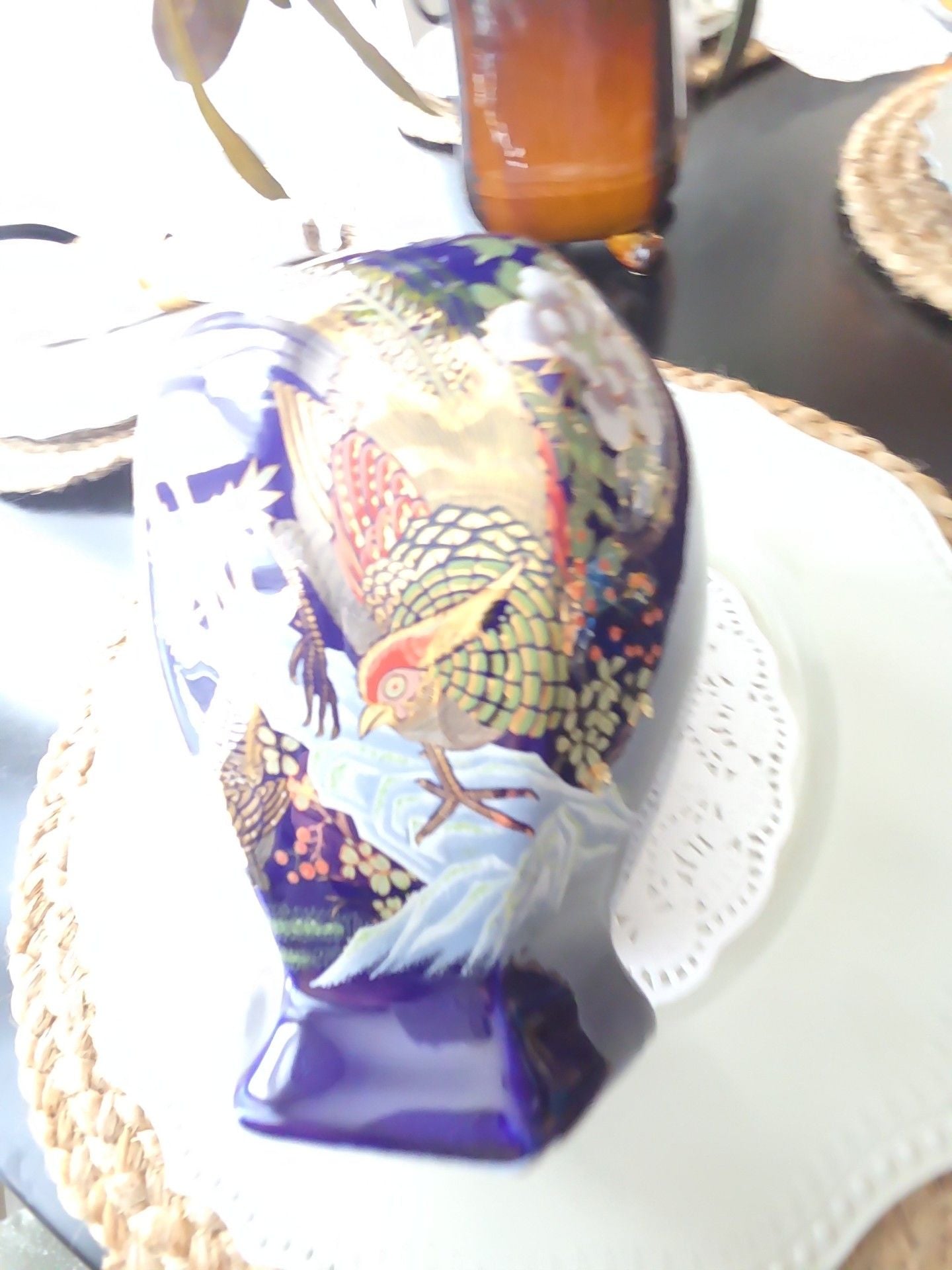 Vintage Cobalt Blue Gold Pheasant Floral Hexagon Porcelain Vase 7