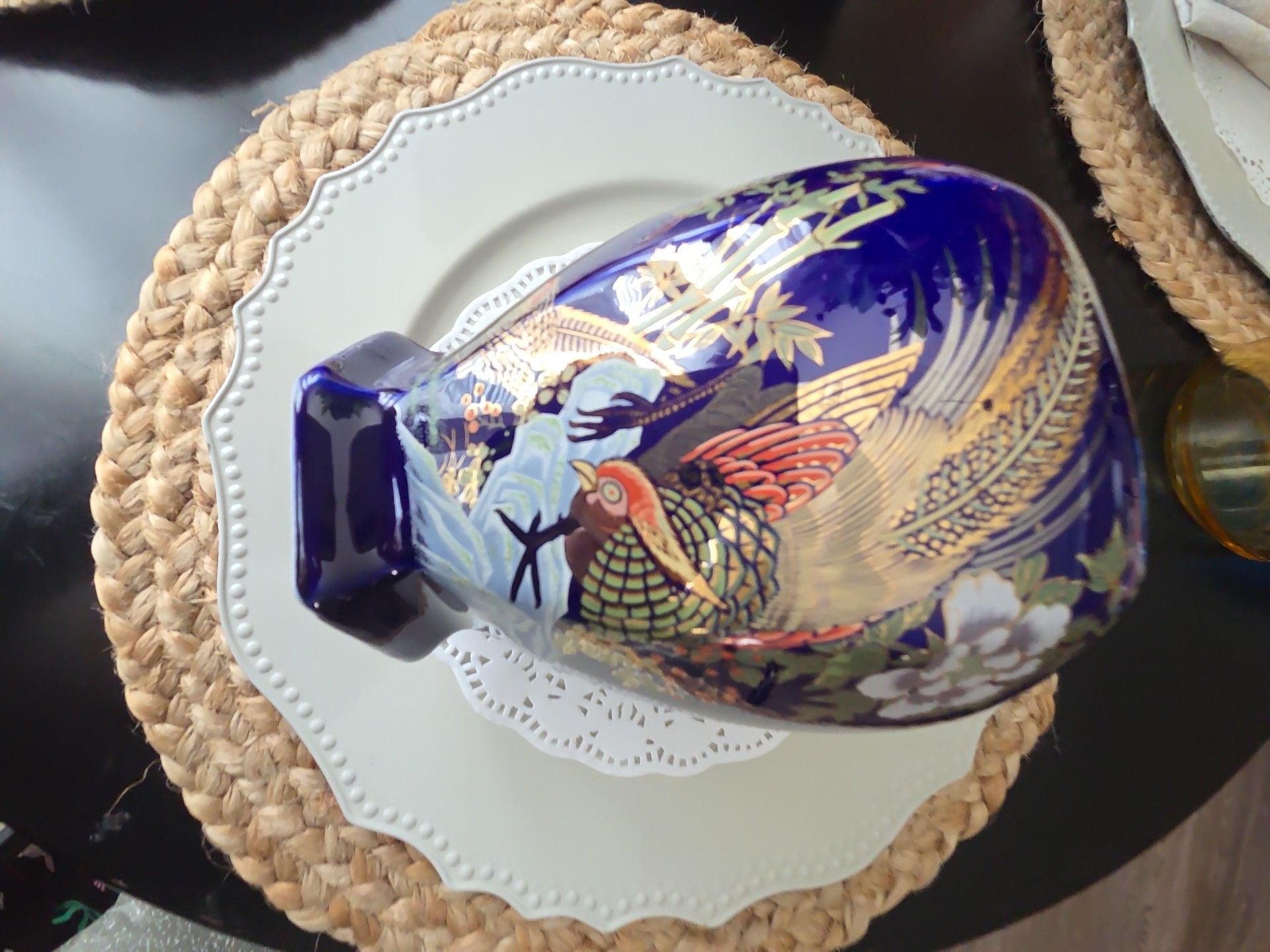 Vintage Cobalt Blue Gold Pheasant Floral Hexagon Porcelain Vase 8