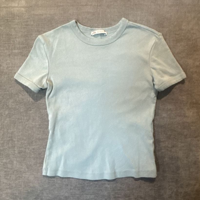 Zara T-Shirt Size S Dusty Blue Ribbed Short Sleeve Crewneck Top 2