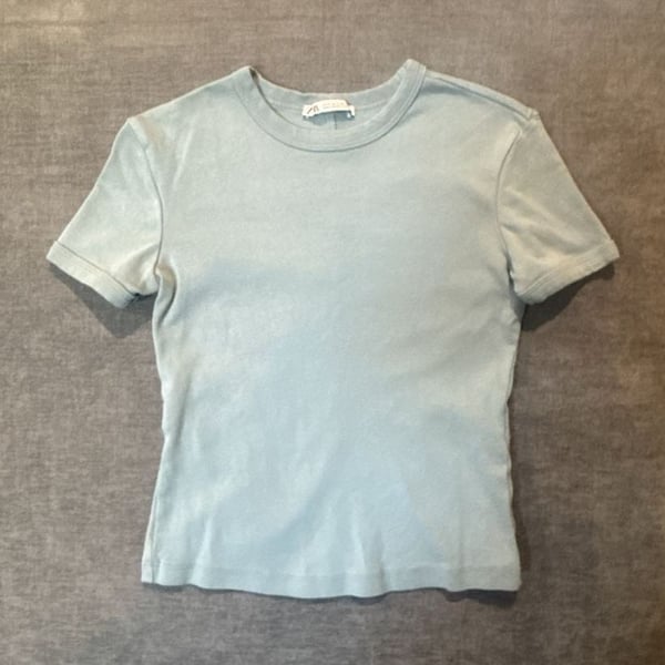 Zara T-Shirt Size S Dusty Blue Ribbed Short Sleeve Crewneck Top