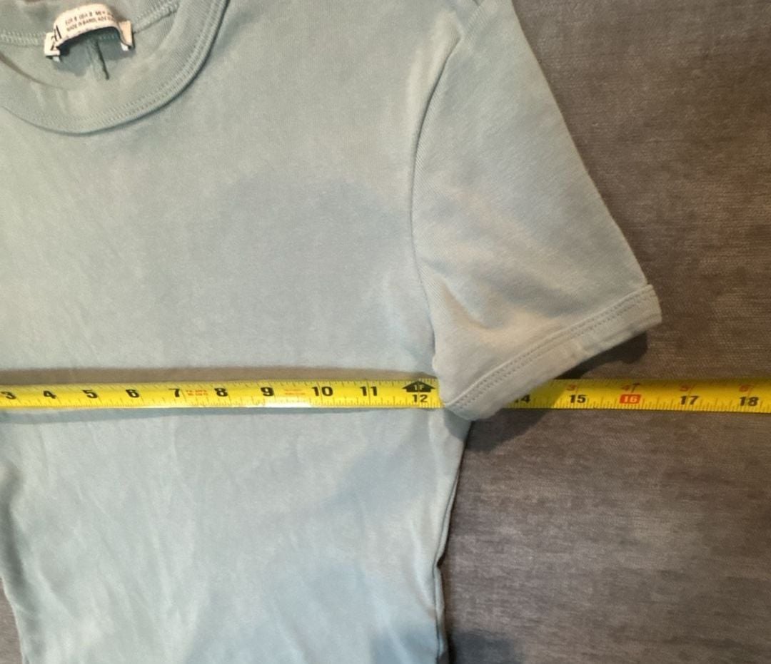 Zara T-Shirt Size S Dusty Blue Ribbed Short Sleeve Crewneck Top 5