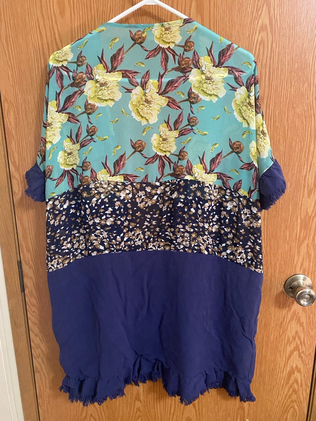 Umgee Floral Kimono Size S/M Blue Patchwork Ruffle Hem Boho Top 5