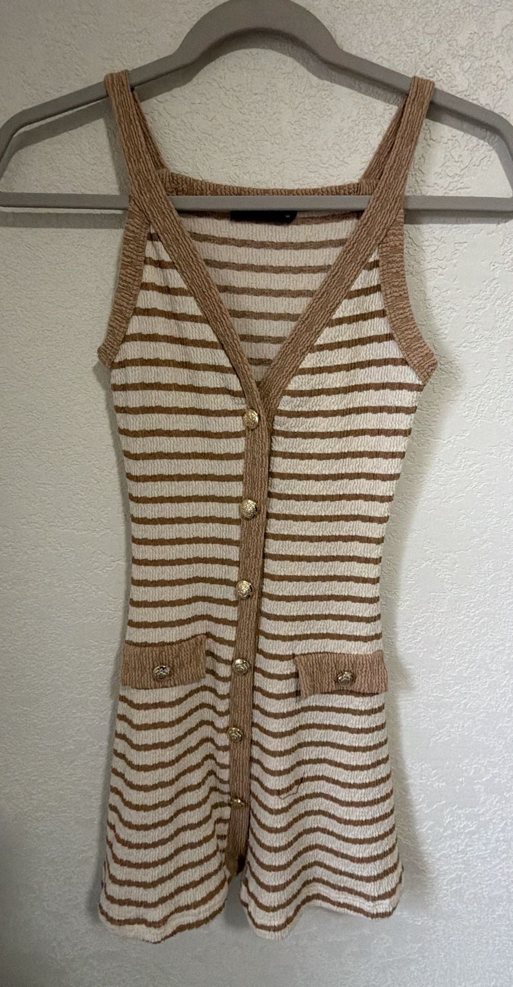 21 Saints Striped Knit Dress Size XS Brown Beige V-Neck Gold Buttons 2