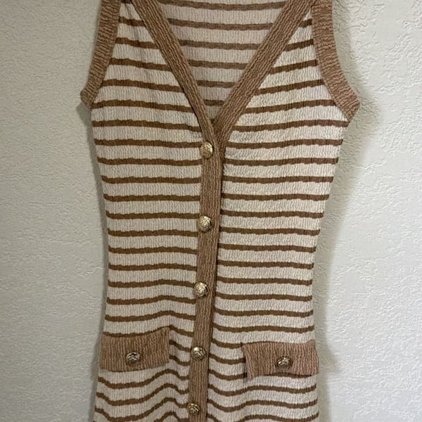 21 Saints Striped Knit Dress Size XS Brown Beige V-Neck Gold Buttons