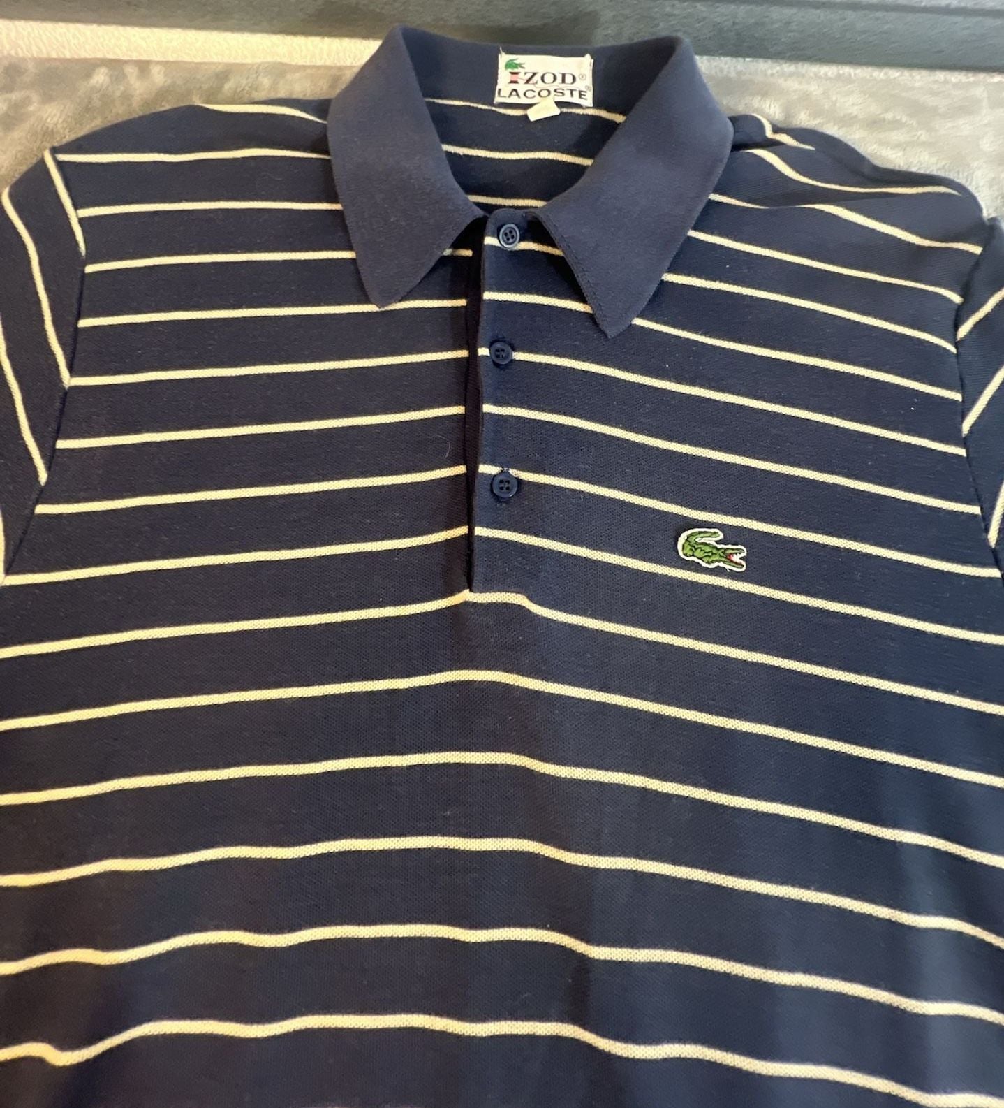 IZOD Lacoste Striped Polo Shirt Size L Navy Blue White Vintage 9