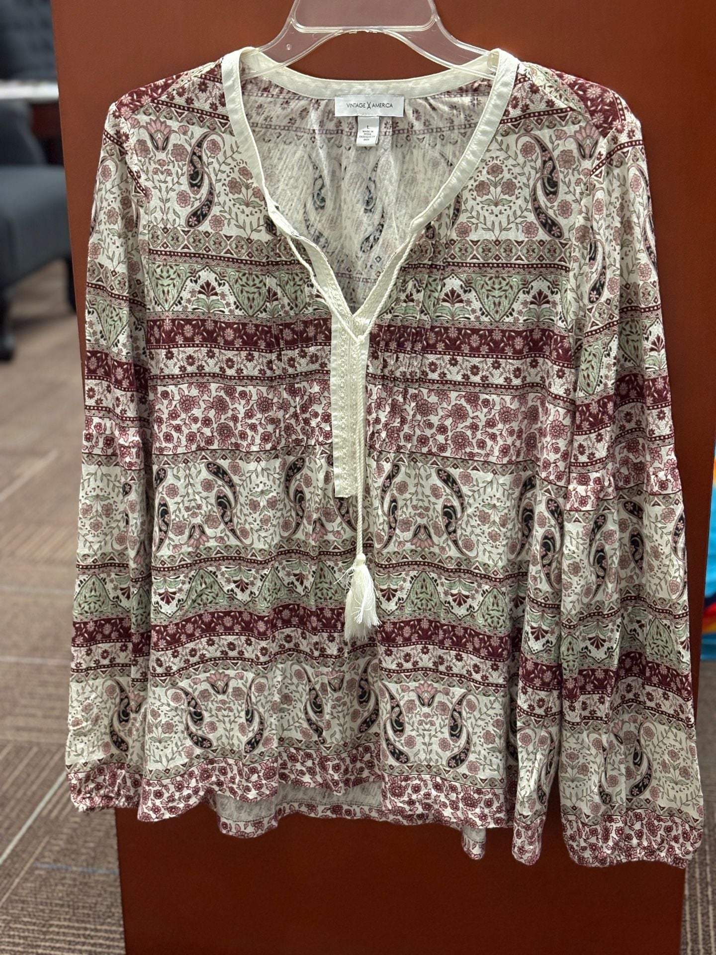 Vintage America Paisley Peasant Blouse Size L Boho Long Sleeve Tassel 2