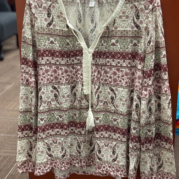 Vintage America Paisley Peasant Blouse Size L Boho Long Sleeve Tassel