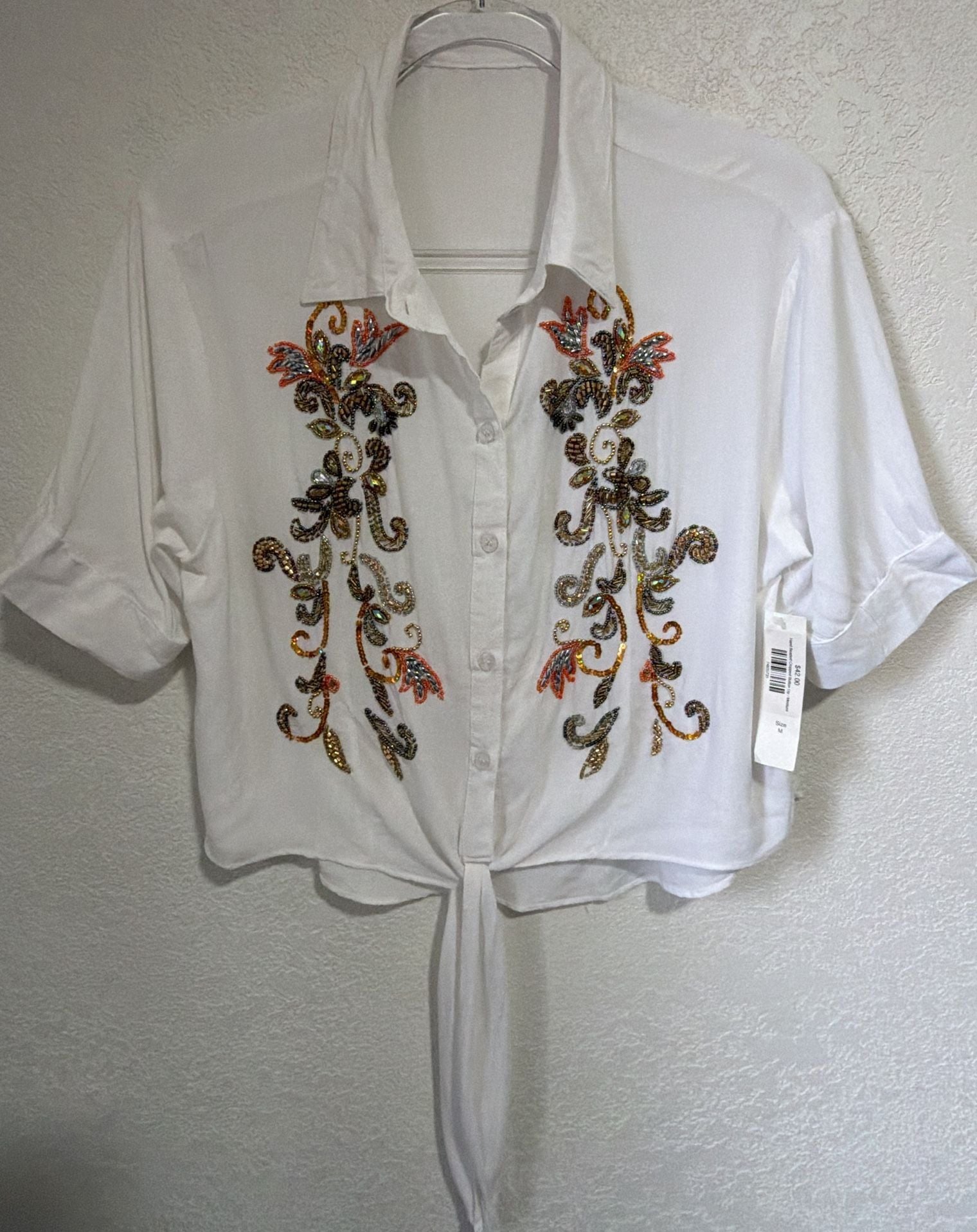 Sonrisa Hand Beaded Cropped Button Up Size M White Rayon Blouse NWT 2