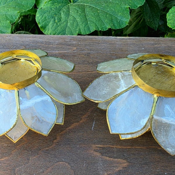 Capiz Shell Lotus Flower Tealight Candle Holder Set Of 2 Gold