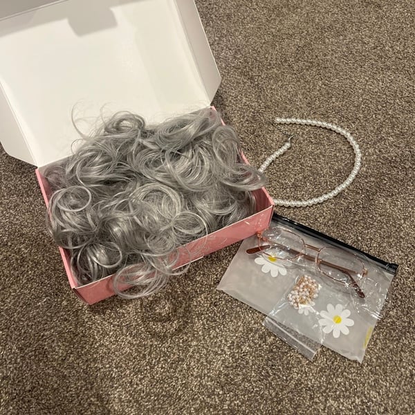 Granny Costume Accessories Grey Hair Bun Wig Pearls and Glasses Set
