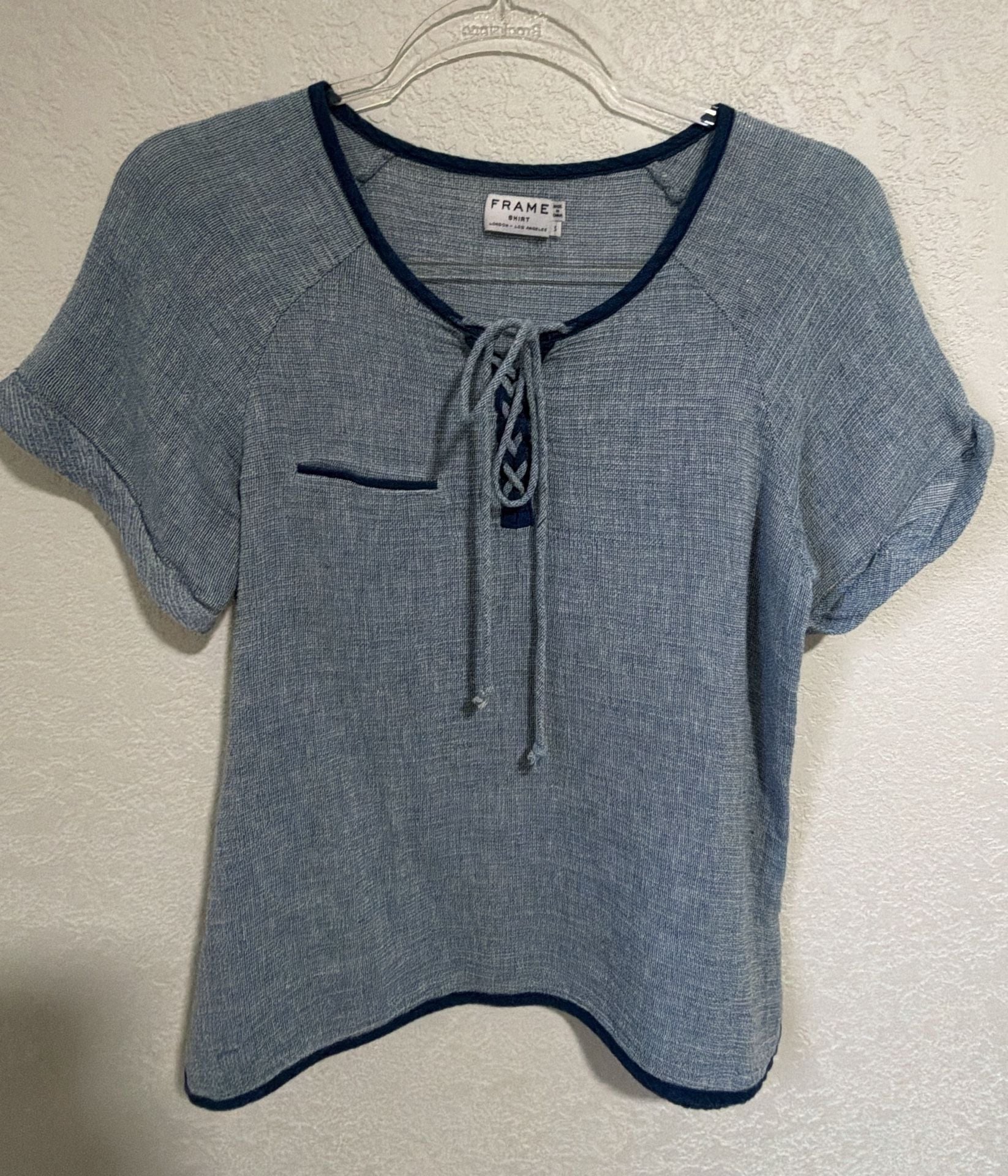 FRAME Shirt Size S Blue Linen Cotton Lace Up Top 2