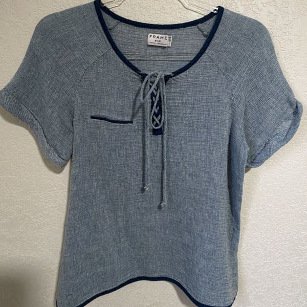 FRAME Shirt Size S Blue Linen Cotton Lace Up Top