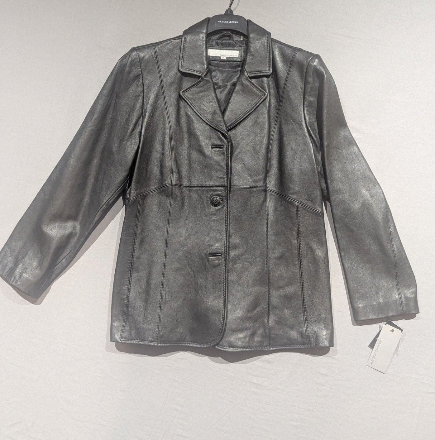 Wilsons Leather Black Genuine Leather Button Blazer Jacket 2X 2