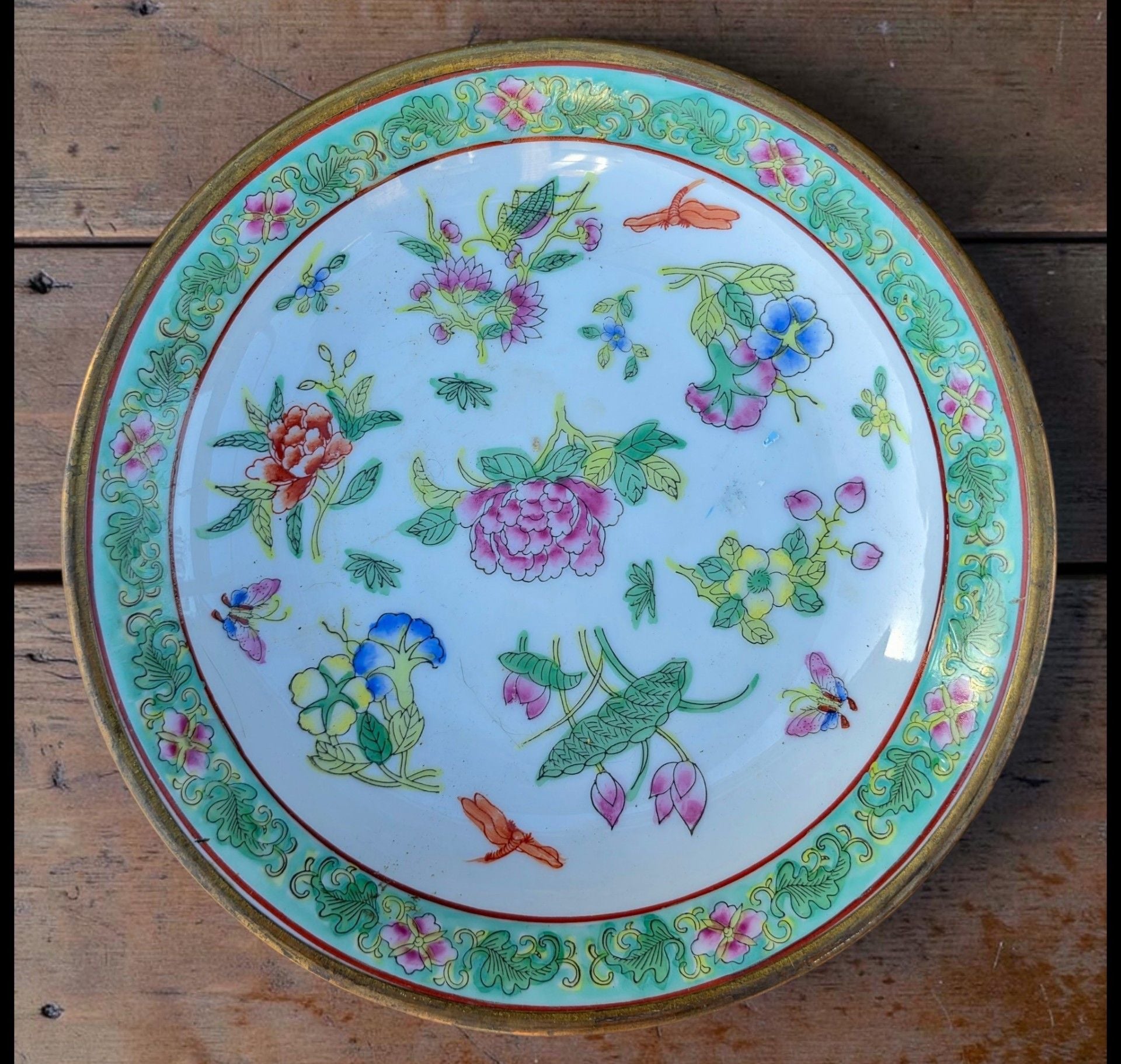 ACF Hand Painted Famille Rose Floral Brass Rimmed Porcelain Plate 1