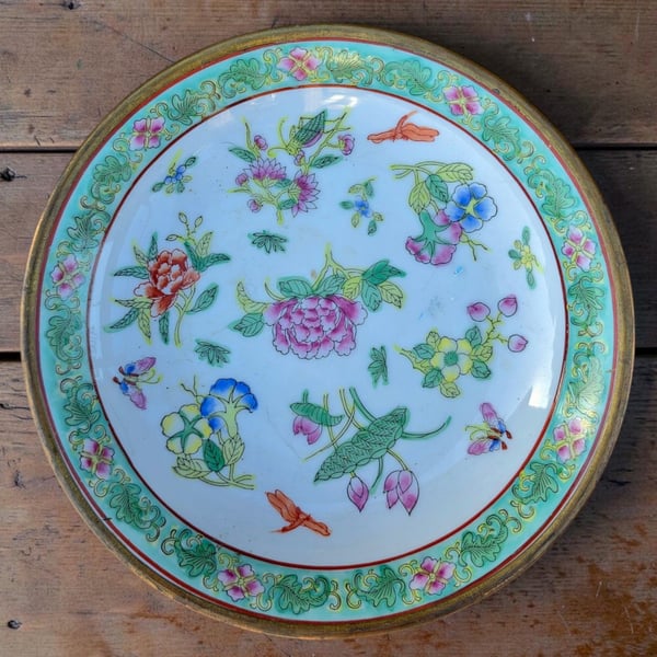 ACF Hand Painted Famille Rose Floral Brass Rimmed Porcelain Plate