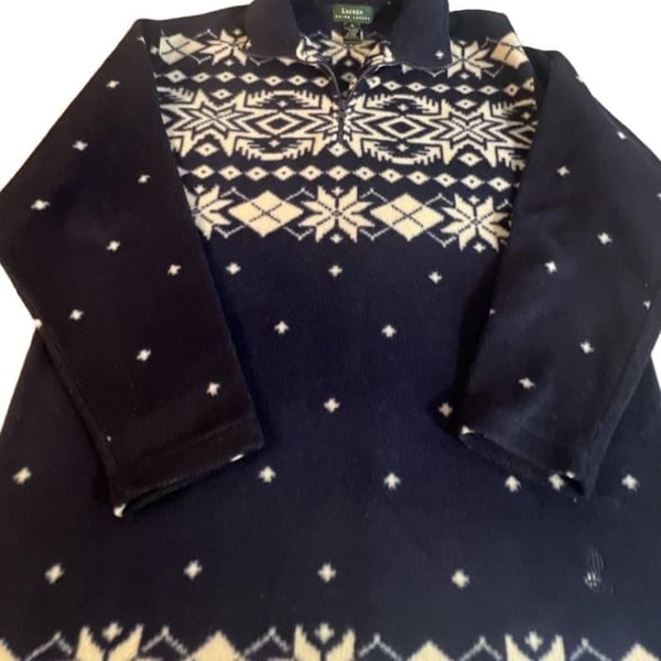 Lauren Ralph Lauren 1/4 Zip Fleece Pullover Size M Navy Fair Isle Snowflake