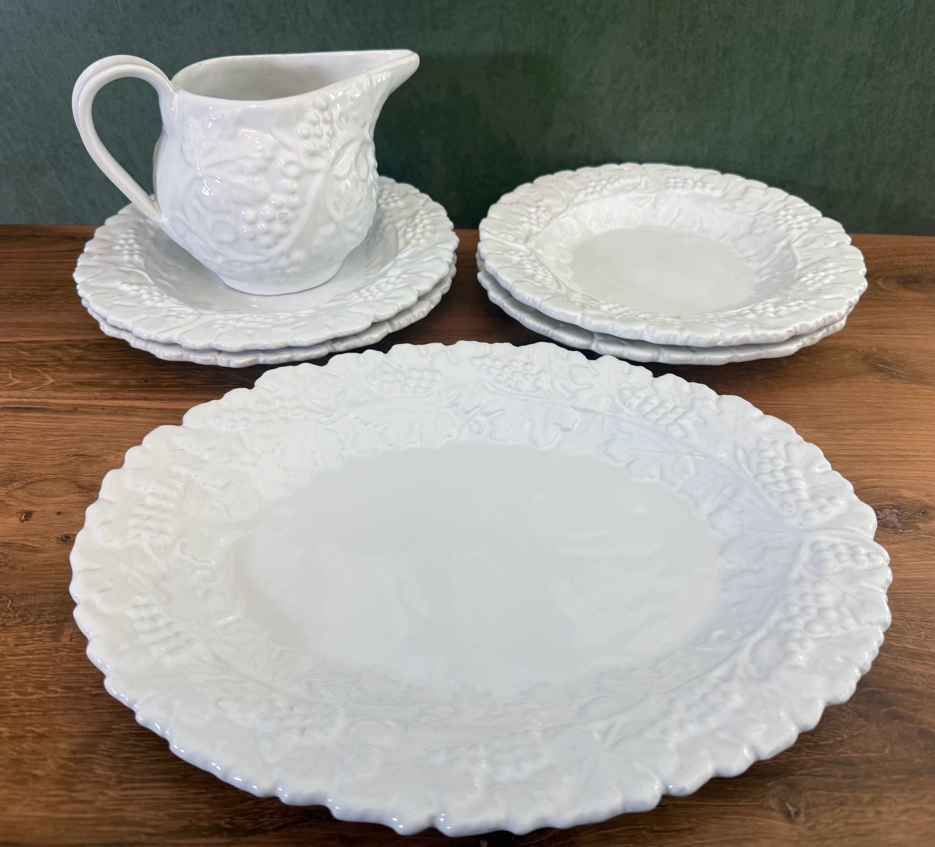 Vintage Italian Embossed White Grape Leaf Dinnerware Set 2