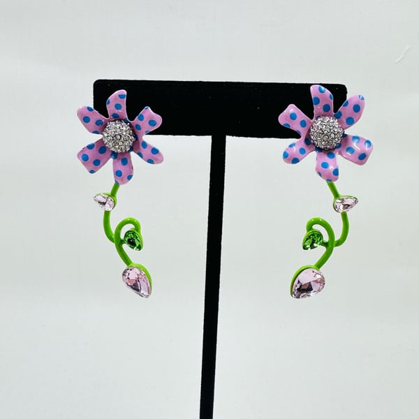 Betsey Johnson Enchanted Flower Pink Polka Dot Rhinestone Drop Earrings