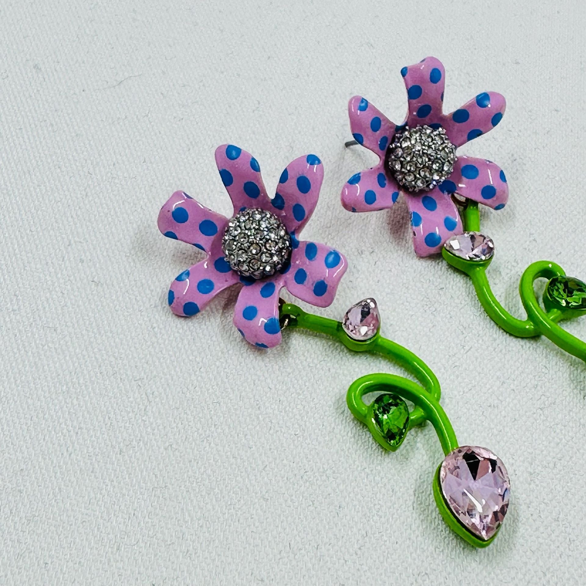 Betsey Johnson Enchanted Flower Pink Polka Dot Rhinestone Drop Earrings 7