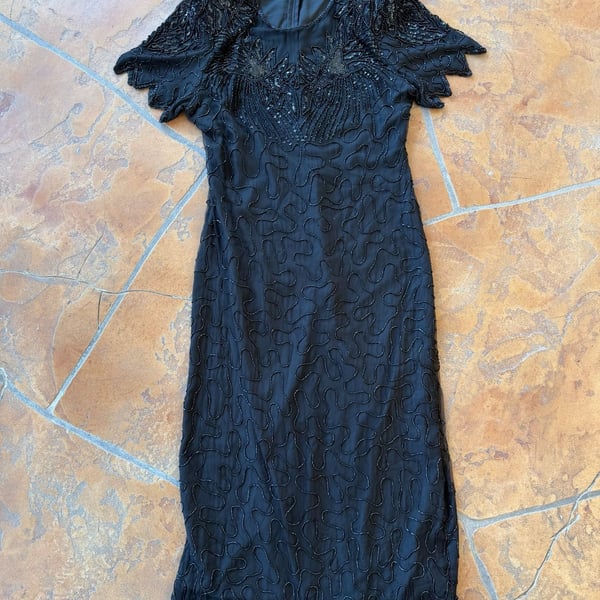 VTG 80s Laurence Kazar Beaded Silk Dress PXL Black Short Sleeve Midi Party