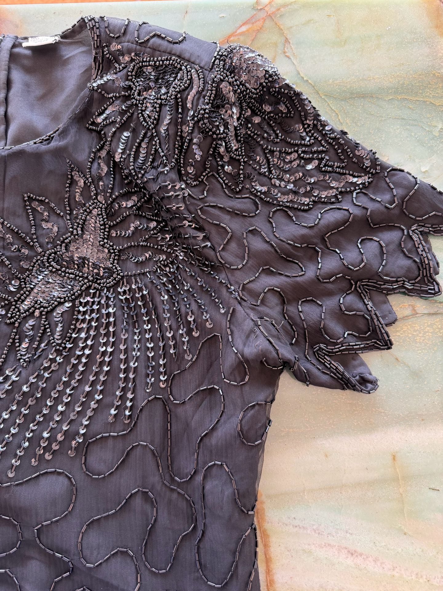 VTG 80s Laurence Kazar Beaded Silk Dress PXL Black Short Sleeve Midi Party 7