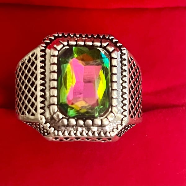 Mystic Topaz Tungsten Ring Turkish Handmade Silver Band with Ornate Design Size 13