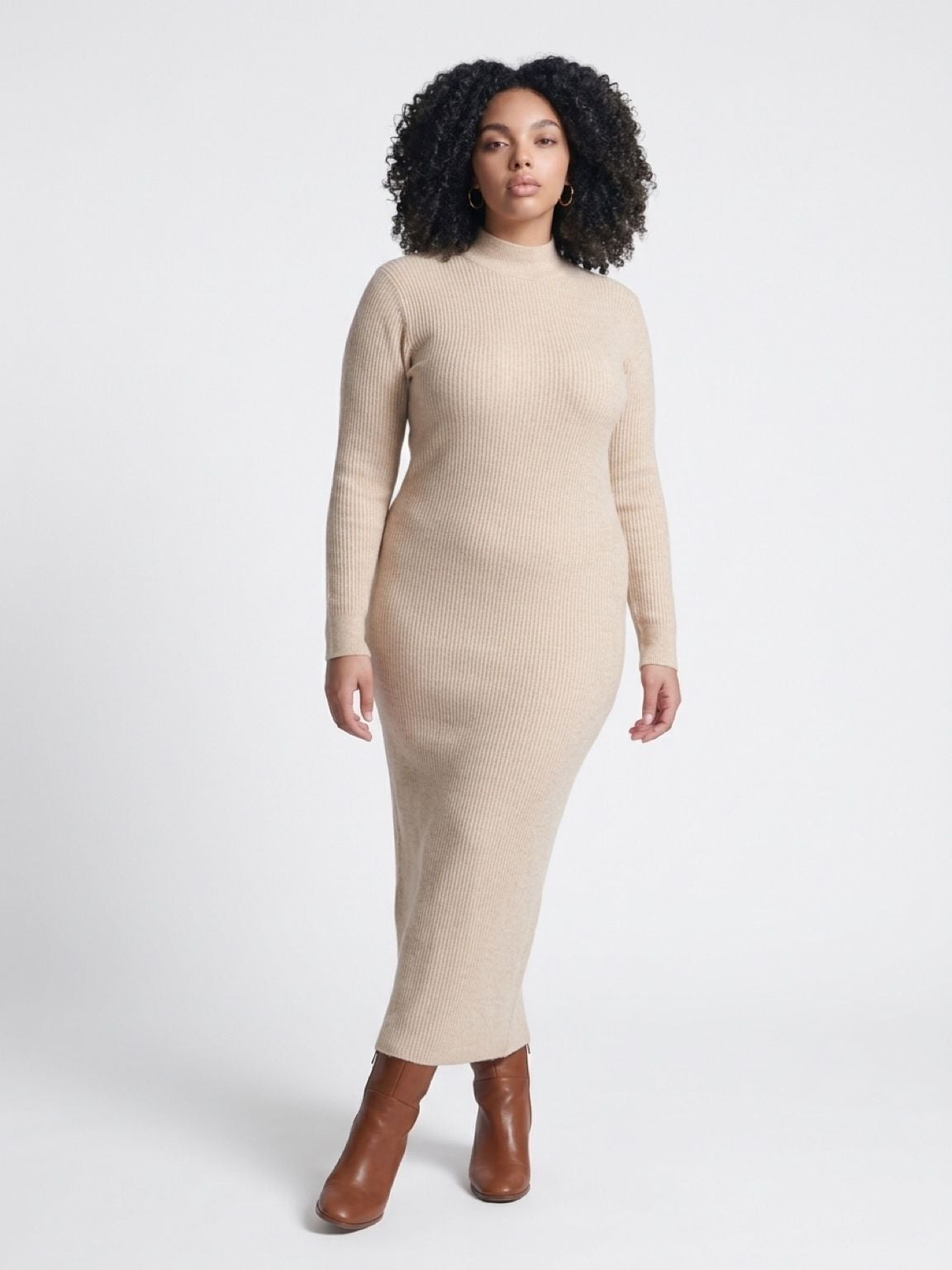 Clovkis Ribbed Sweater Dress Size XL Beige Long Sleeve Midi 2