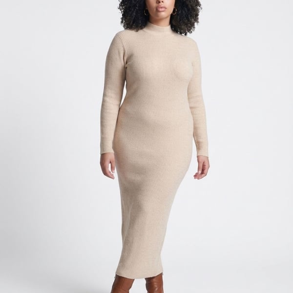 Clovkis Ribbed Sweater Dress Size XL Beige Long Sleeve Midi