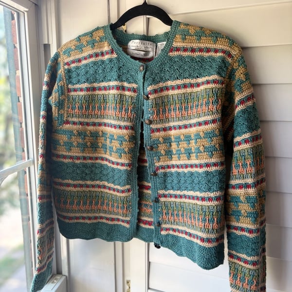 90s Hand Crocheted Knit Cardigan Ramie Cotton Grandma Cottagecore