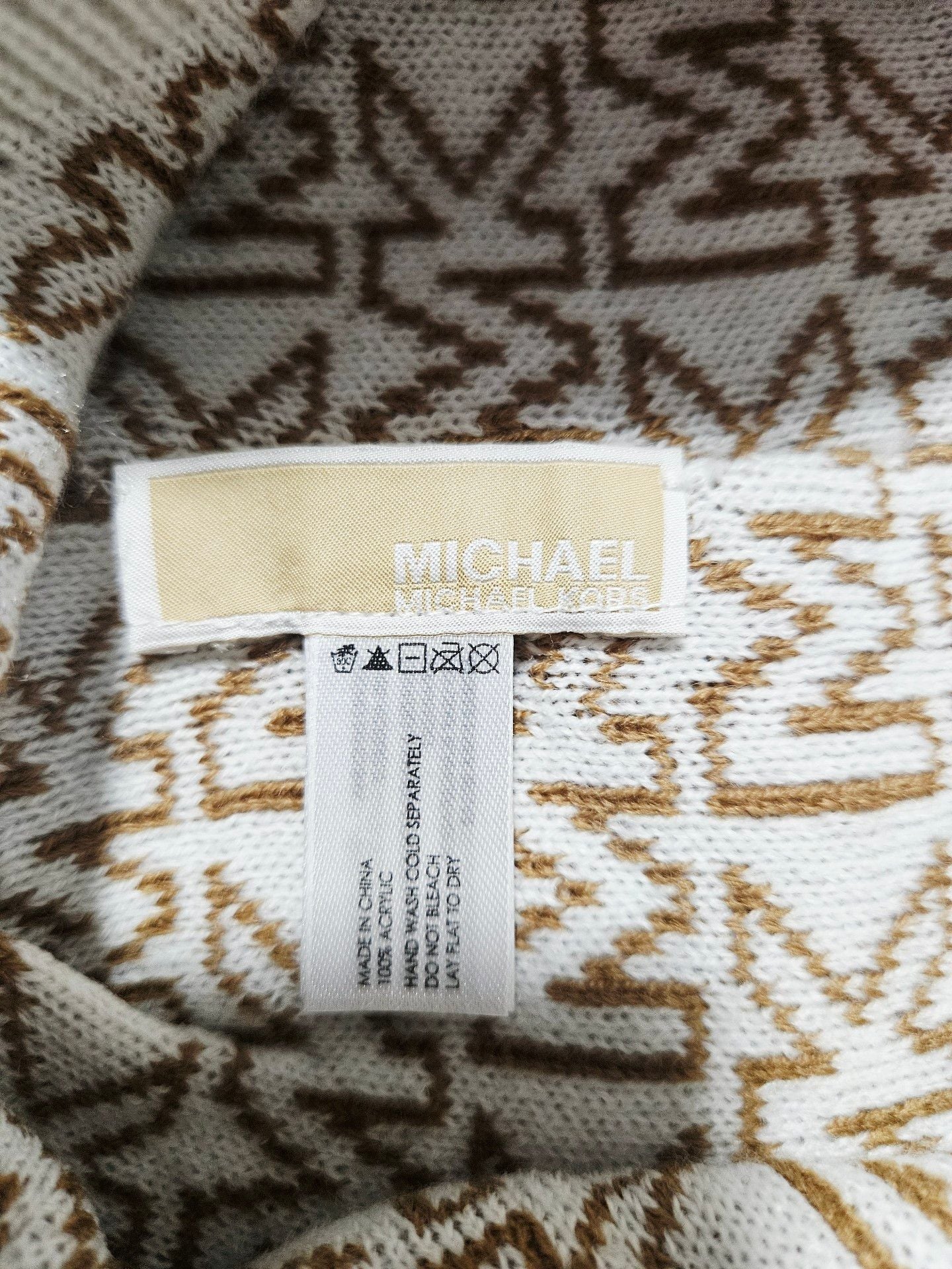 Michael Kors MK Logo Beanie Hat Brown Camel White Knit Winter 4