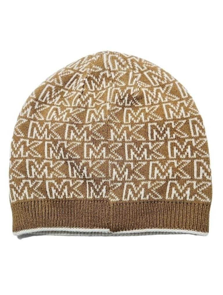 Michael Kors MK Logo Beanie Hat Brown Camel White Knit Winter 3