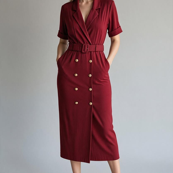 Vintage Blazer Dress Size 14 Red Double Breasted Belted Midi