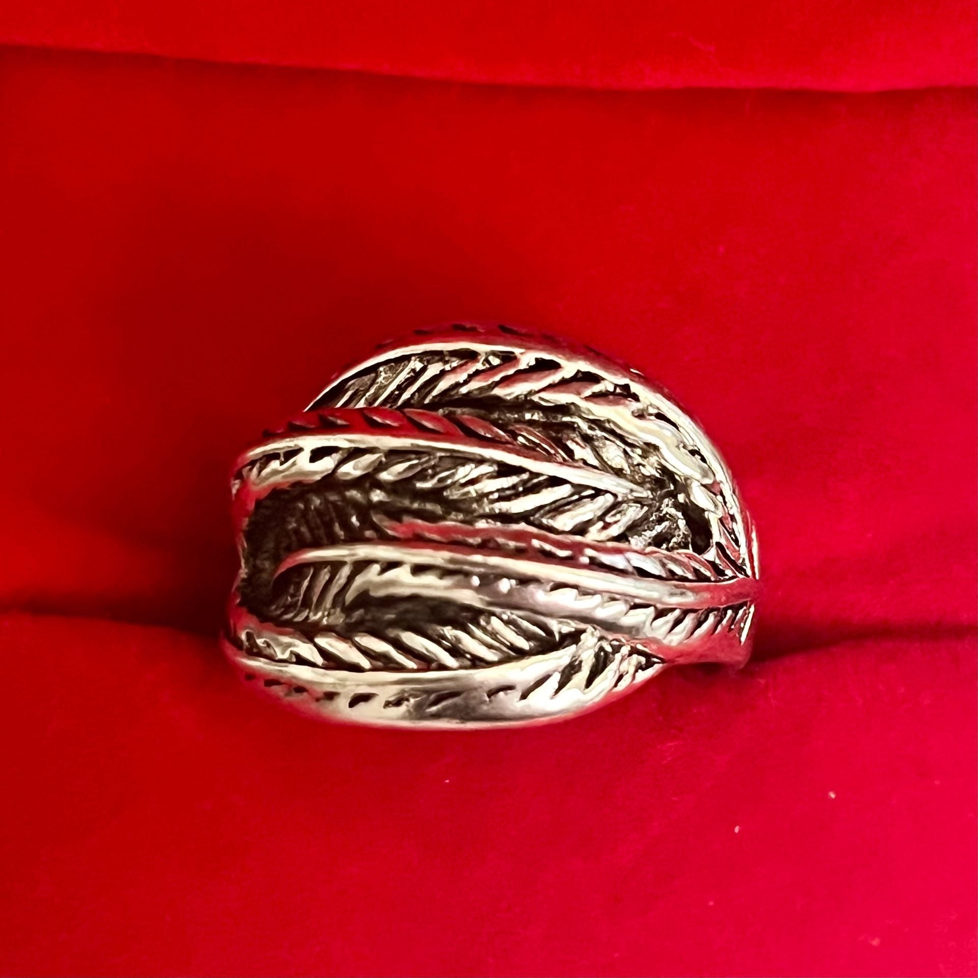 Vintage Feather Wrap Silver Titanium Steel Open Statement Ring Size 8 3
