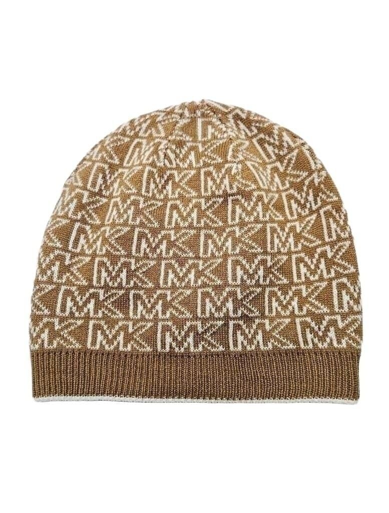 Michael Kors MK Logo Beanie Hat Brown Camel White Knit Winter 2