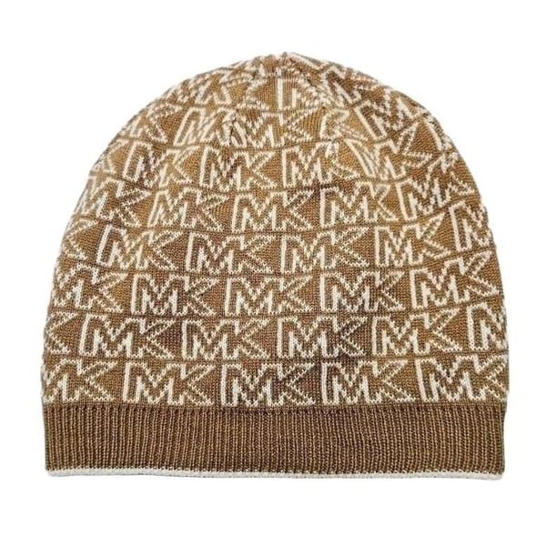 Michael Kors MK Logo Beanie Hat Brown Camel White Knit Winter