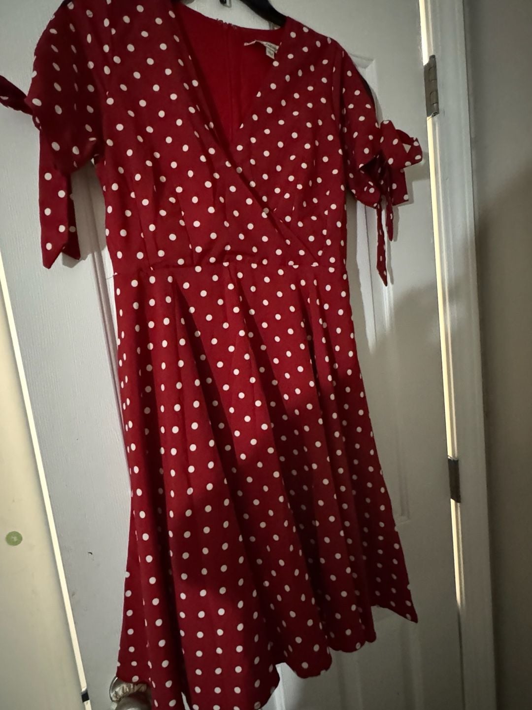 Davi & Dani Polka Dot Dress Size L Red White Tie Sleeve 2