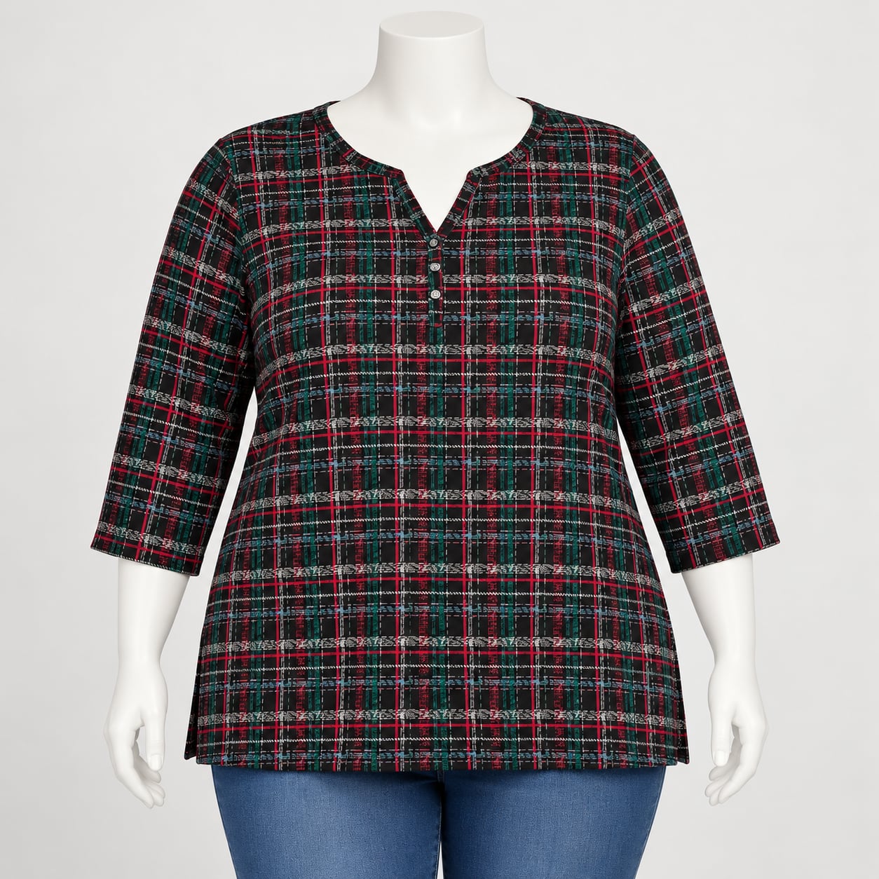 Karen Scott 3X Plaid Henley Top 3/4 Sleeve Cotton Blend NWT Black Multicolor 2
