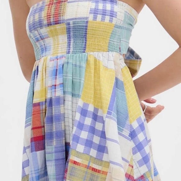 BDG Aurora Patch Dress Size M Multi Plaid Cotton Smocked Mini