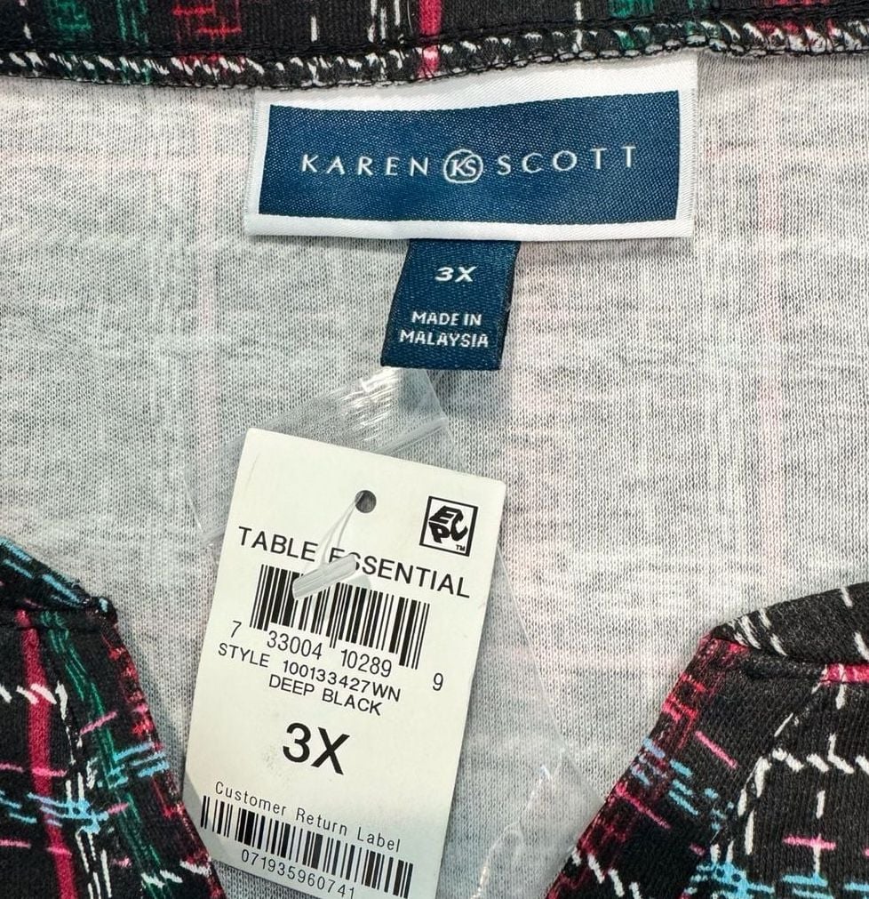 Karen Scott 3X Plaid Henley Top 3/4 Sleeve Cotton Blend NWT Black Multicolor 3
