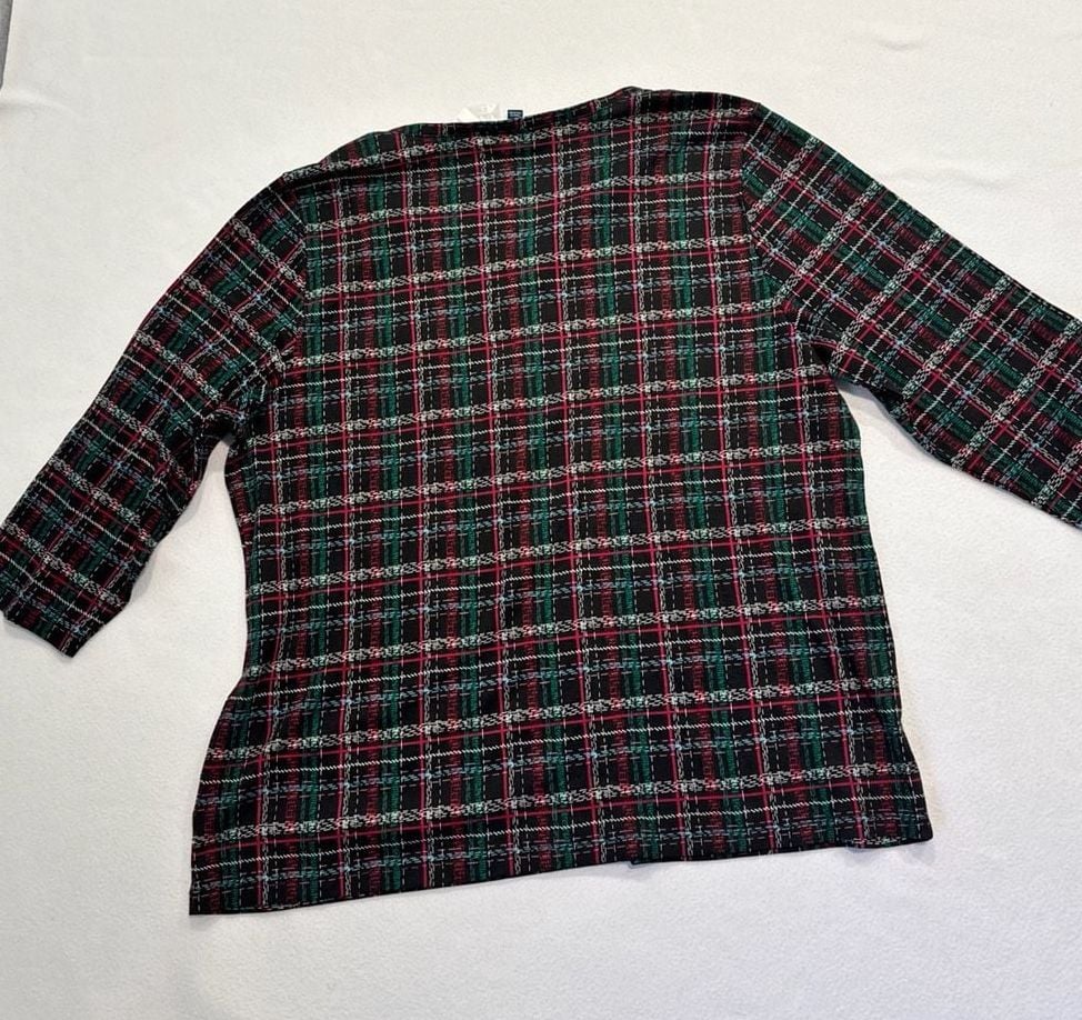 Karen Scott 3X Plaid Henley Top 3/4 Sleeve Cotton Blend NWT Black Multicolor 8