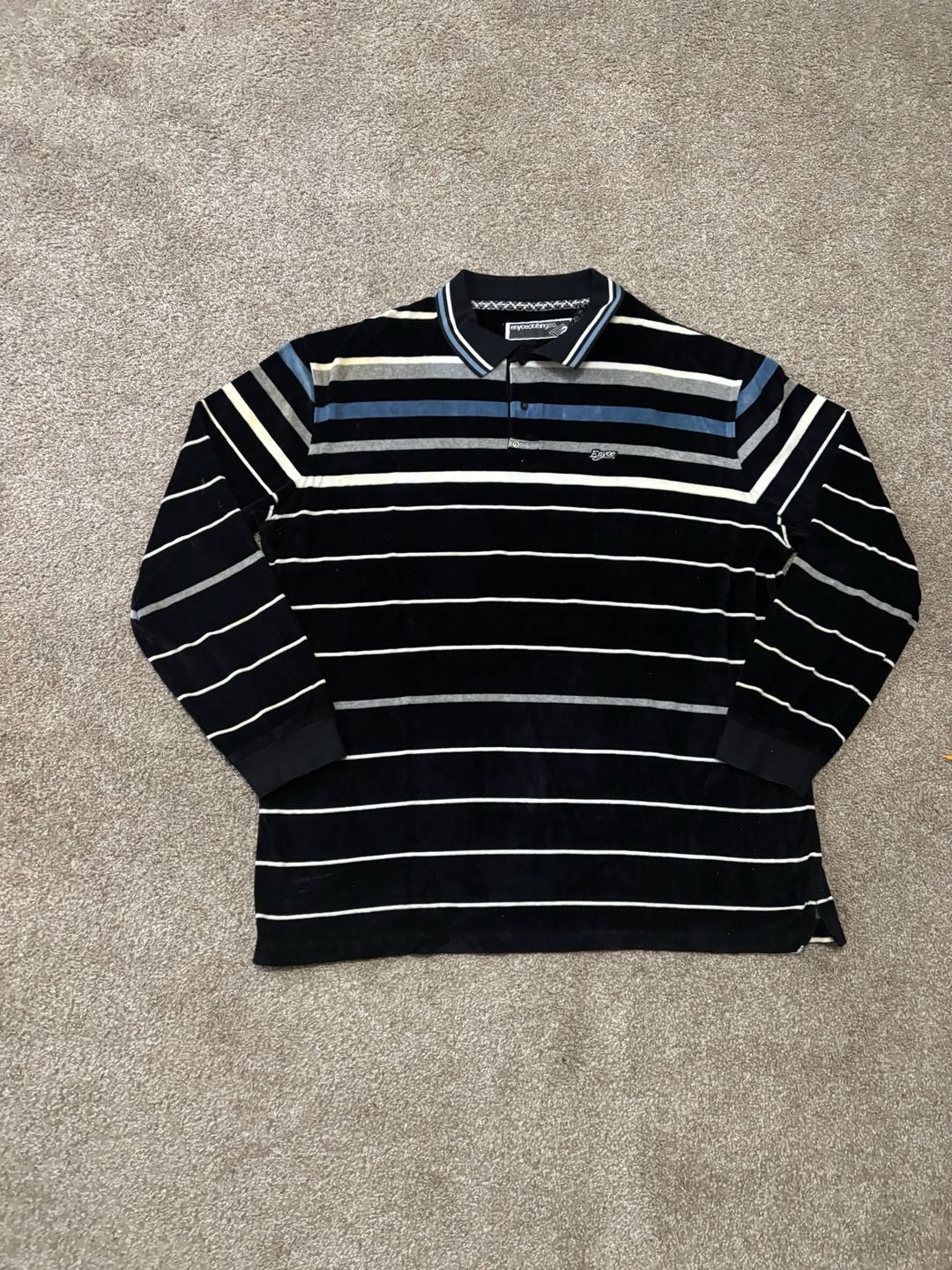 Early 2000s Velour Enyce Striped Velour Polo Shirt Size XXL Long Sleeve Black Blue Y2K 2