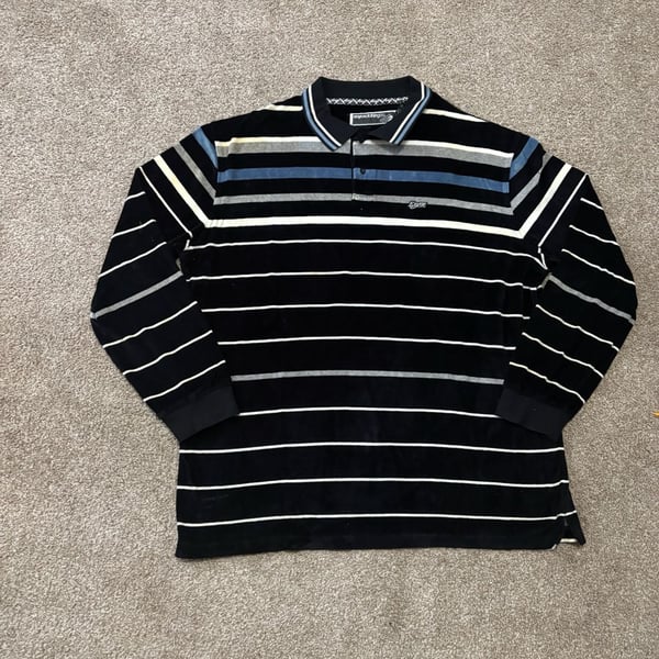 Early 2000s Velour Enyce Striped Velour Polo Shirt Size XXL Long Sleeve Black Blue Y2K