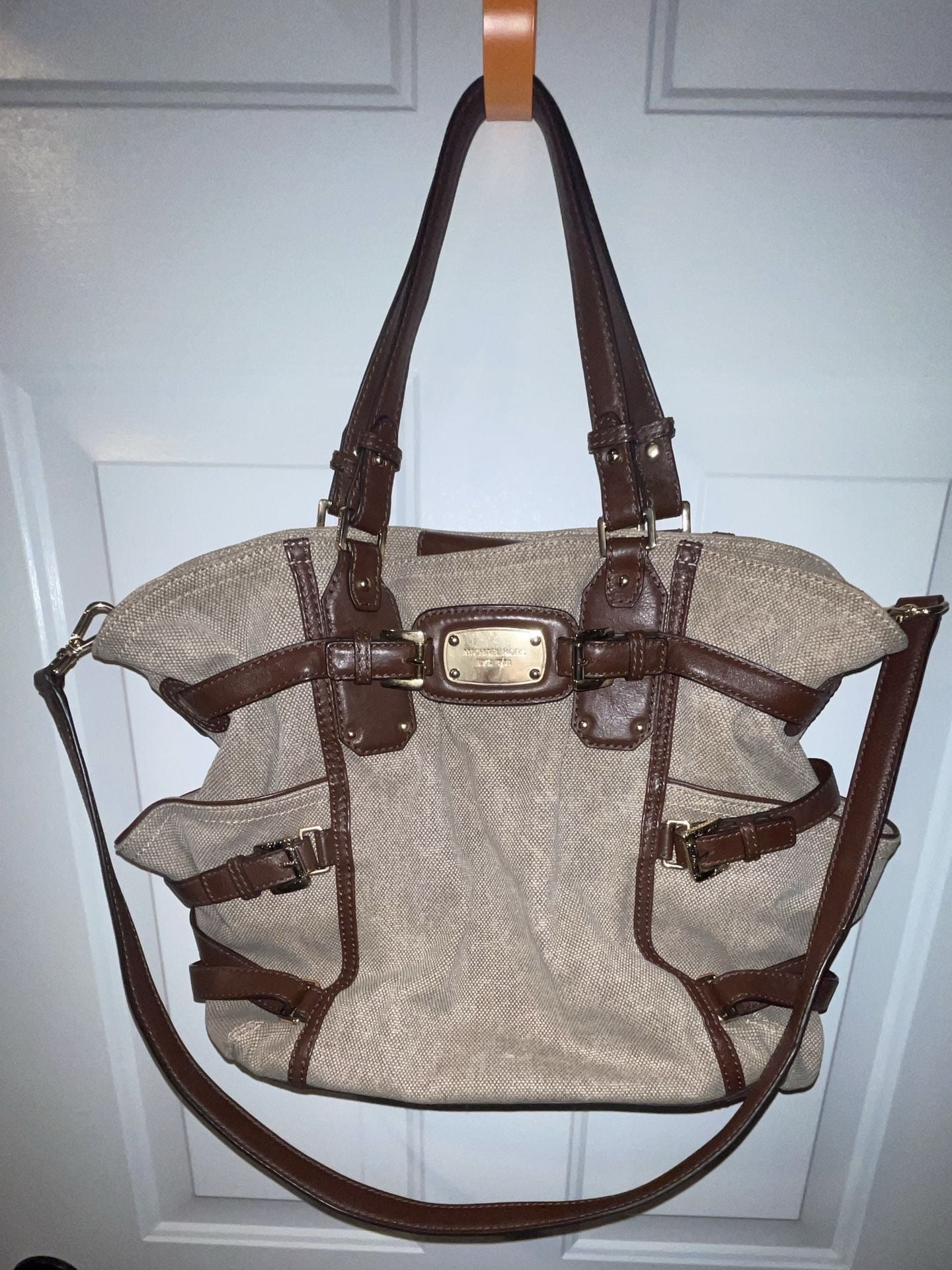Michael Kors Gansevoort Canvas Shoulder Bag Brown Leather 2