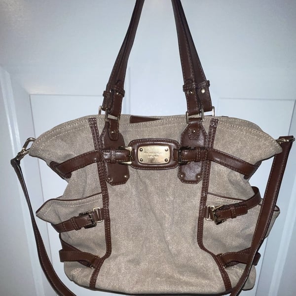 Michael Kors Gansevoort Canvas Shoulder Bag Brown Leather
