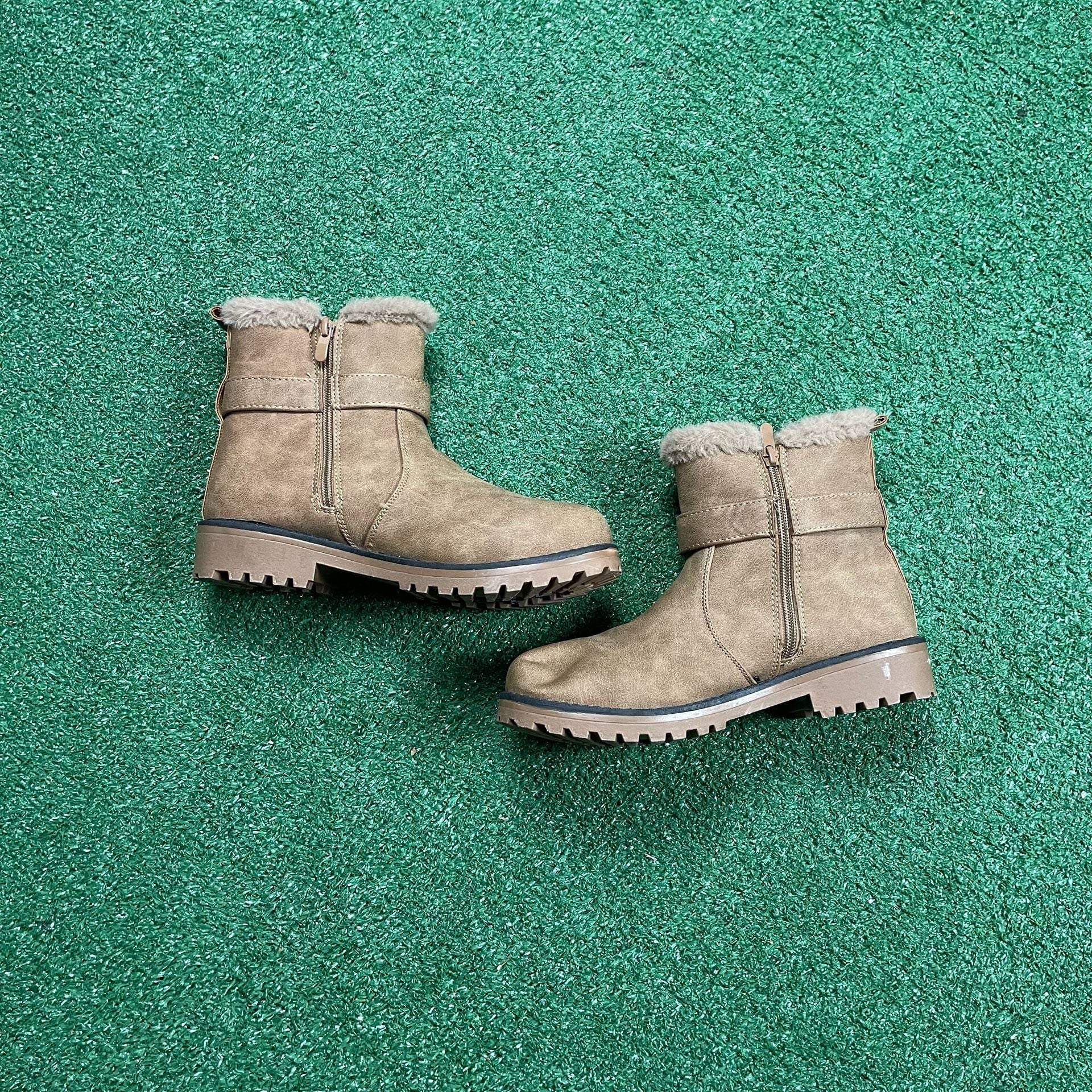 Faux Fur Lined Ankle Boots Size 8 Brown Faux Suede Buckle Zipper 2